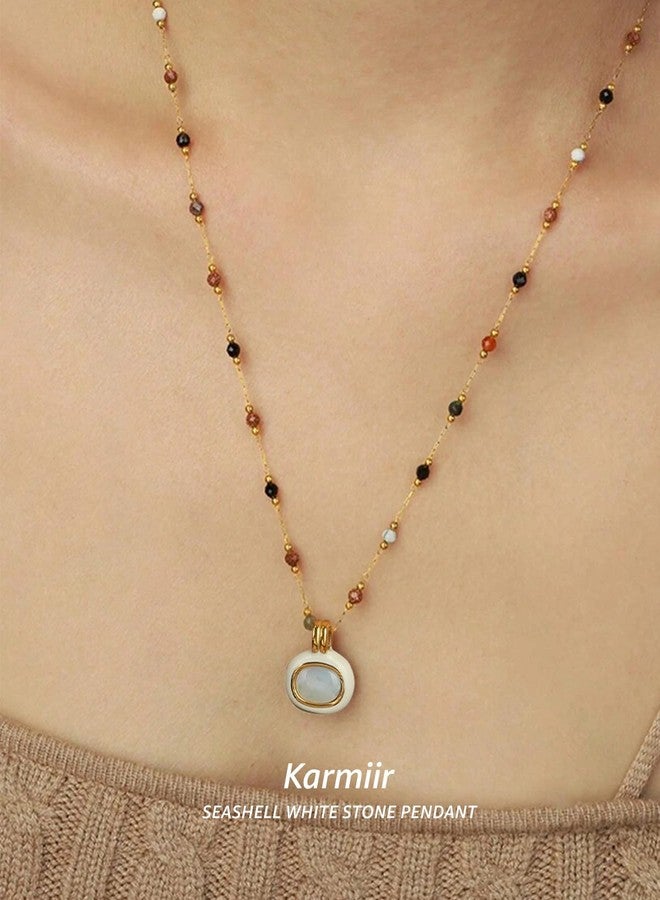 Karmiir Women's Pendant Necklace Beaded Natural Stones Station with White Shell Pendant - 18K Gold-Plated Non-tarnish Necklace 18" + 2” Extension Dainty Jewelry - Image 2